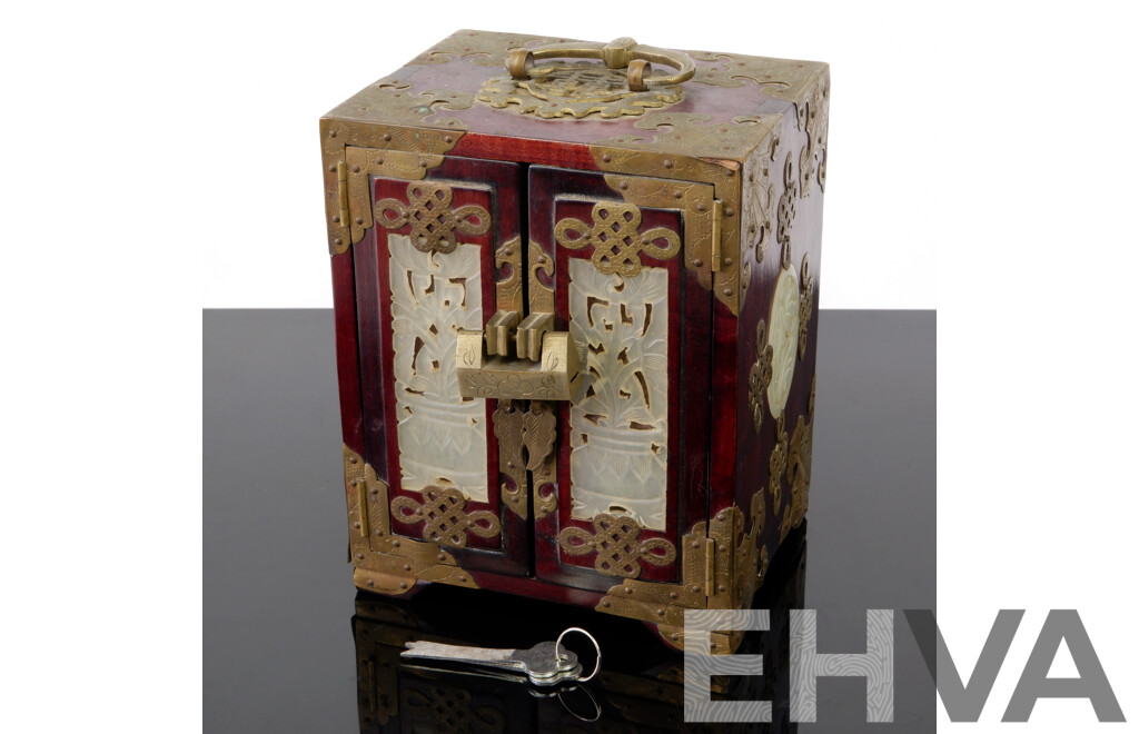 Chinese Small Dual Door Box with Brass Fittings and Carved Softstone Panels with Lock and Keys