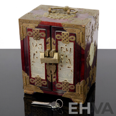 Chinese Small Dual Door Box with Brass Fittings and Carved Softstone Panels with Lock and Keys