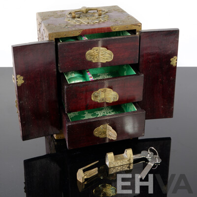 Chinese Small Dual Door Box with Brass Fittings and Carved Softstone Panels with Lock and Keys