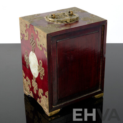 Chinese Small Dual Door Box with Brass Fittings and Carved Softstone Panels with Lock and Keys