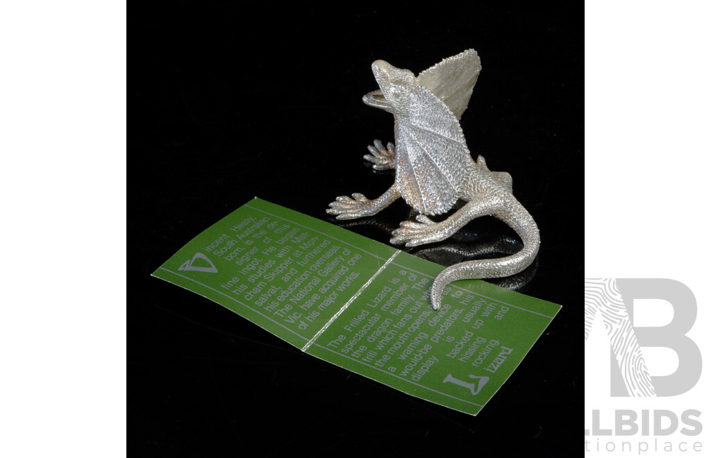 Australian Solid 99.98 Silver Frill Necked Lizard Sculpture by Vincent Healy in Case, Silver Weight 102gm