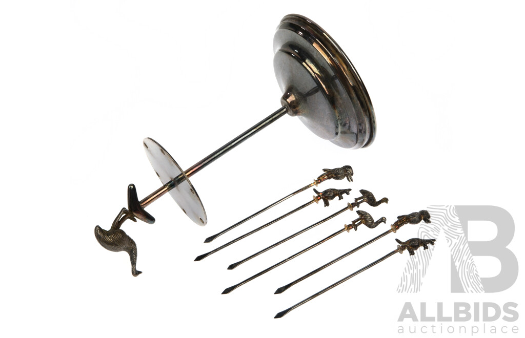 Vintage Australian Silver Plate Cocktail Skewer Set on Stand with Six Skewers with Indigenous Animal Themed Finials