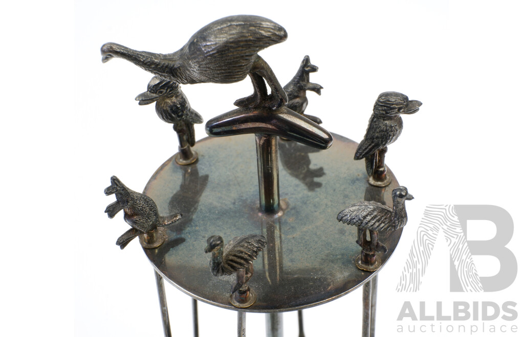 Vintage Australian Silver Plate Cocktail Skewer Set on Stand with Six Skewers with Indigenous Animal Themed Finials