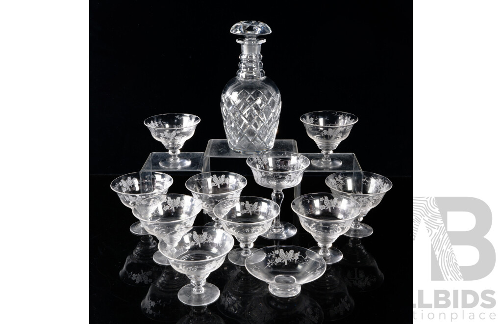 Collection Nine Vintage Stuart Crystal Coupes with Larger Example, Smaller Example, All with Etched Detail, Along with Crystal Decanter with Stopper