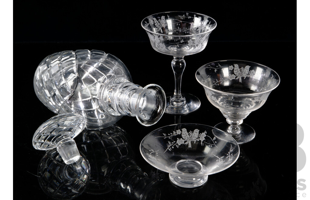 Collection Nine Vintage Stuart Crystal Coupes with Larger Example, Smaller Example, All with Etched Detail, Along with Crystal Decanter with Stopper