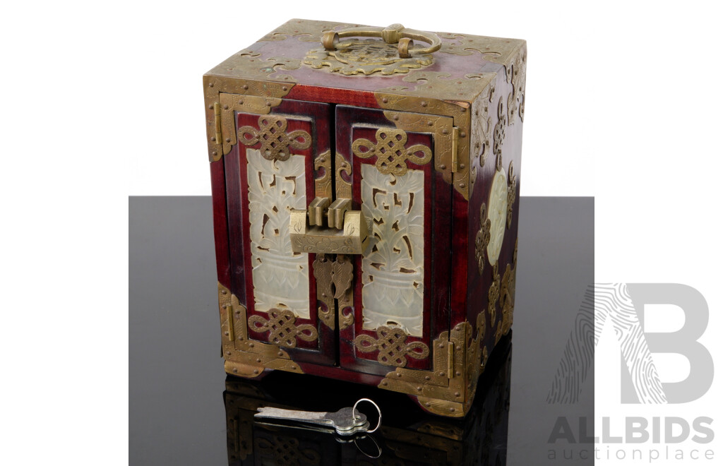 Chinese Small Dual Door Box with Brass Fittings and Carved Softstone Panels with Lock and Keys