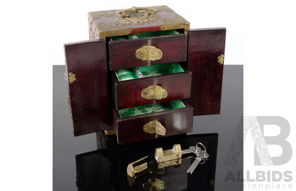 Chinese Small Dual Door Box with Brass Fittings and Carved Softstone Panels with Lock and Keys