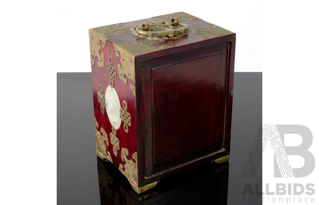 Chinese Small Dual Door Box with Brass Fittings and Carved Softstone Panels with Lock and Keys