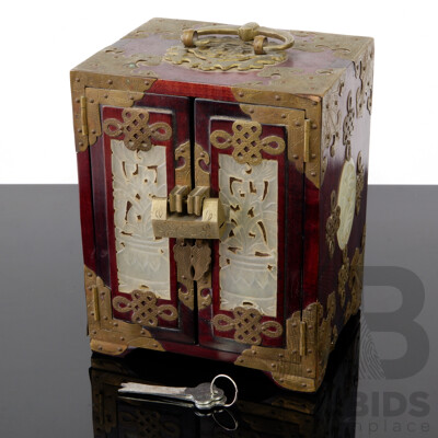 Chinese Small Dual Door Box with Brass Fittings and Carved Softstone Panels with Lock and Keys