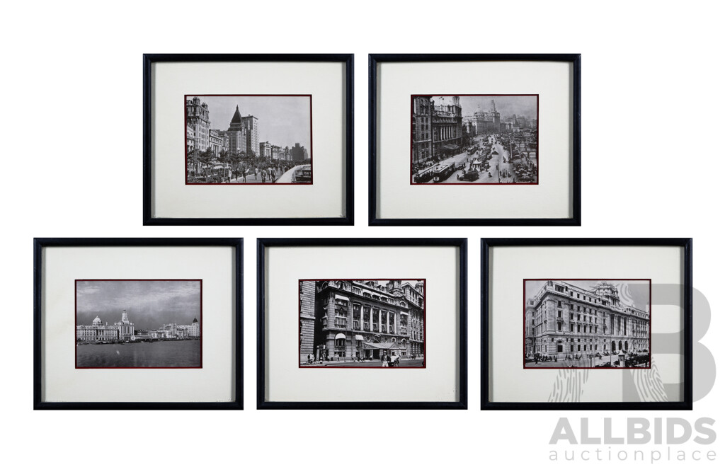 Nice Collection of Five Beautifully Framed Prints of Shanghai - Including The Shangai Club (1930s); The Bund, Shanghai (1920s) and More, 20 x 25 cm (frames) (5)