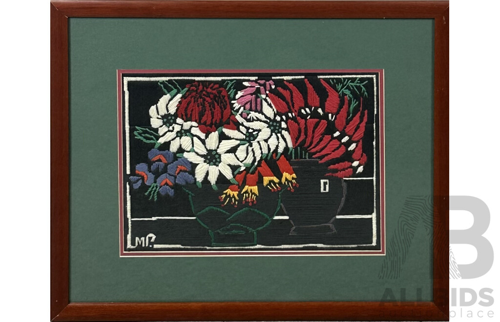 M.P. (20th Century), Flowers in Vases, Long Stitch Wool Embroidery, 47 x 55 cm (frame)