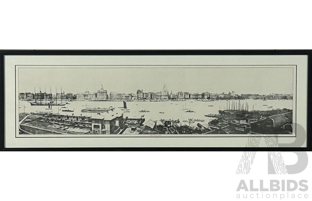 Artist Unknown, Framed Panoramic View of The Bend, Shanghai, China (1928), Reproduction Black and White Print on Paper, 27 x 80 cm (frame)