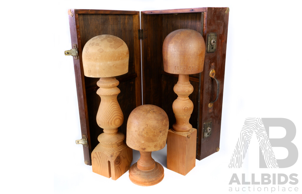 Collection Vintage Wooden Hat Blocks and Stands Comprising Godfreys Sydney Size 22, Hatblocks PTY LTD Size 22 & One Unsized Example All in Vintage Wooden Case