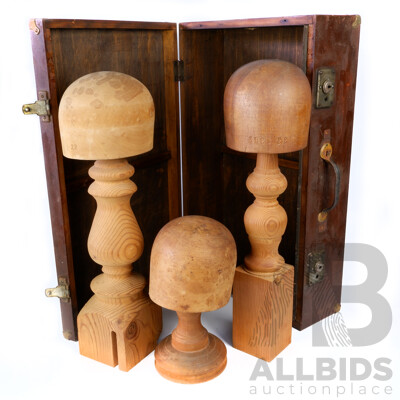 Collection Vintage Wooden Hat Blocks and Stands Comprising Godfreys Sydney Size 22, Hatblocks PTY LTD Size 22 & One Unsized Example All in Vintage Wooden Case