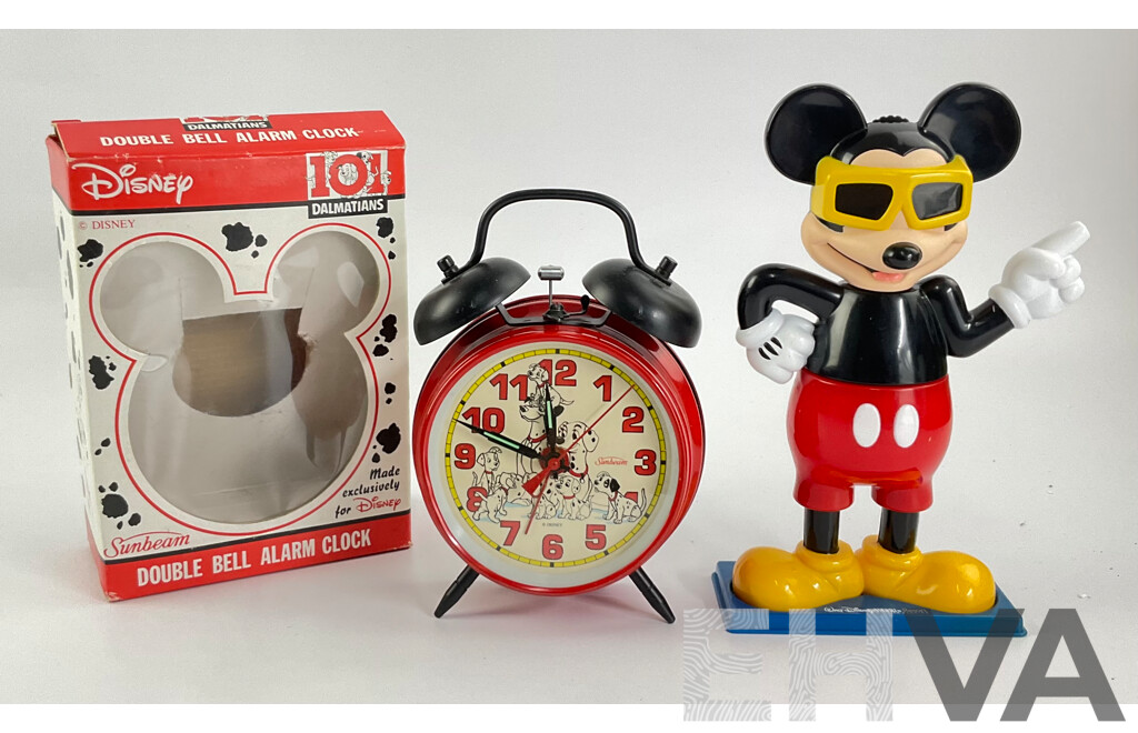 Sunbeam 101 Dalmatians Double Bell Alarm Clock with Box and Walt Disney Resort Florida Souvenir Mickey Mouse Slide Viewer and Stamp Roller