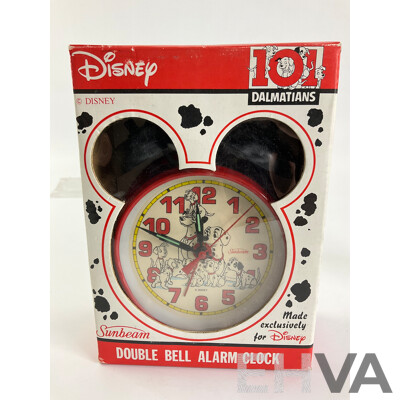 Sunbeam 101 Dalmatians Double Bell Alarm Clock with Box and Walt Disney Resort Florida Souvenir Mickey Mouse Slide Viewer and Stamp Roller