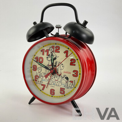 Sunbeam 101 Dalmatians Double Bell Alarm Clock with Box and Walt Disney Resort Florida Souvenir Mickey Mouse Slide Viewer and Stamp Roller