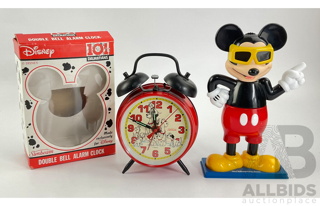 Sunbeam 101 Dalmatians Double Bell Alarm Clock with Box and Walt Disney Resort Florida Souvenir Mickey Mouse Slide Viewer and Stamp Roller