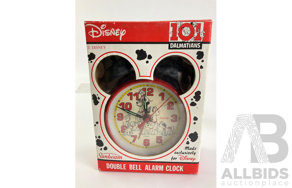 Sunbeam 101 Dalmatians Double Bell Alarm Clock with Box and Walt Disney Resort Florida Souvenir Mickey Mouse Slide Viewer and Stamp Roller