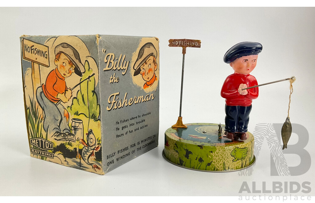 Vintage Mettoy Playthings 'Billy the Fisherman' Clock Work Rotating Figure with Original Box, Made in Great Britain