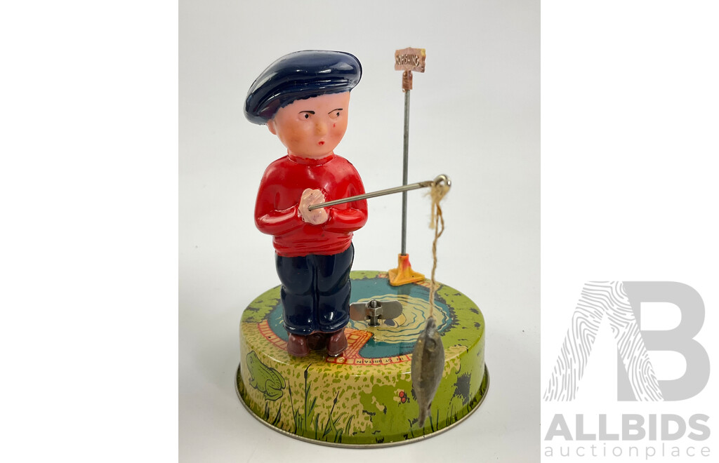 Vintage Mettoy Playthings 'Billy the Fisherman' Clock Work Rotating Figure with Original Box, Made in Great Britain