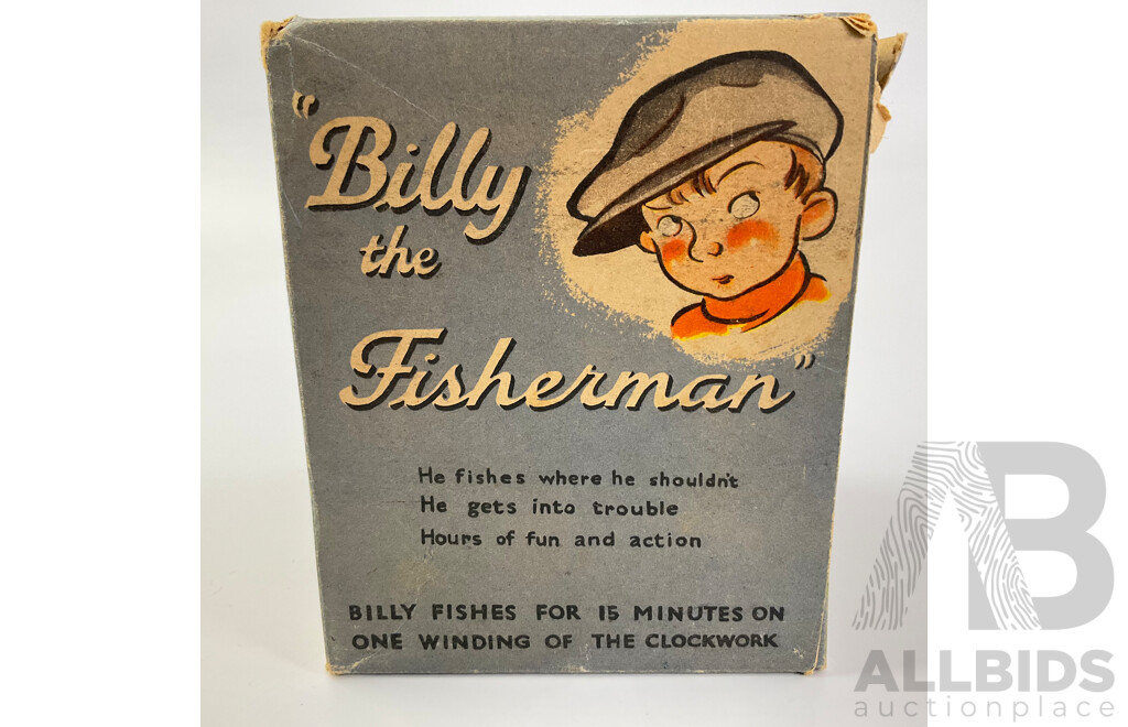 Vintage Mettoy Playthings 'Billy the Fisherman' Clock Work Rotating Figure with Original Box, Made in Great Britain