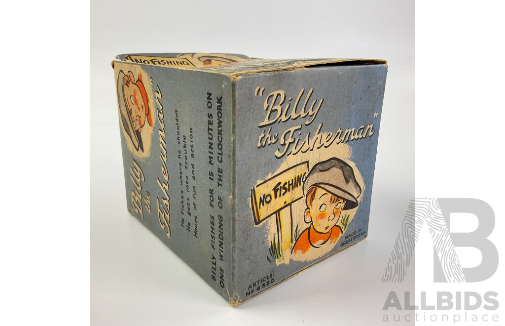 Vintage Mettoy Playthings 'Billy the Fisherman' Clock Work Rotating Figure with Original Box, Made in Great Britain