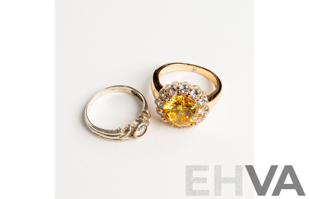 Prouds Sterling Silver Cz Ring, Size K and Gold Tone Cocktail Ring with Yellow & White Paste Stones, Size N - Both Boxed
