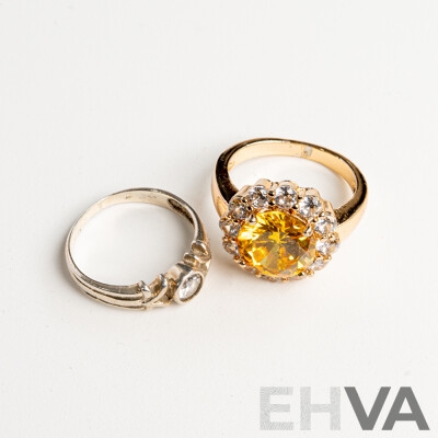 Prouds Sterling Silver Cz Ring, Size K and Gold Tone Cocktail Ring with Yellow & White Paste Stones, Size N - Both Boxed