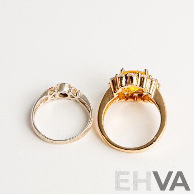 Prouds Sterling Silver Cz Ring, Size K and Gold Tone Cocktail Ring with Yellow & White Paste Stones, Size N - Both Boxed