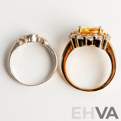 Prouds Sterling Silver Cz Ring, Size K and Gold Tone Cocktail Ring with Yellow & White Paste Stones, Size N - Both Boxed