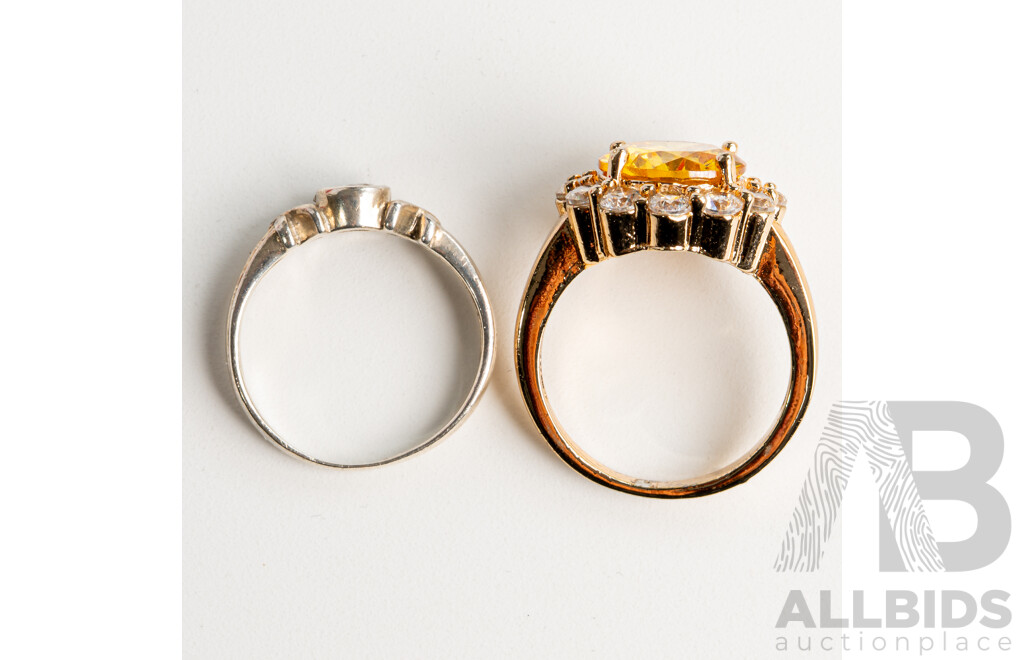 Prouds Sterling Silver Cz Ring, Size K and Gold Tone Cocktail Ring with Yellow & White Paste Stones, Size N - Both Boxed