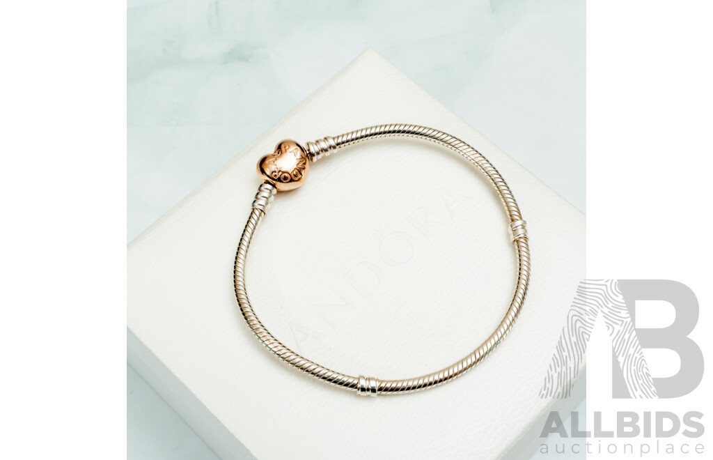 Pandora Sterling Silver Rose Heart Clasp Snake Chain Bracelet, 19cm, 14.86 Grams - Boxed