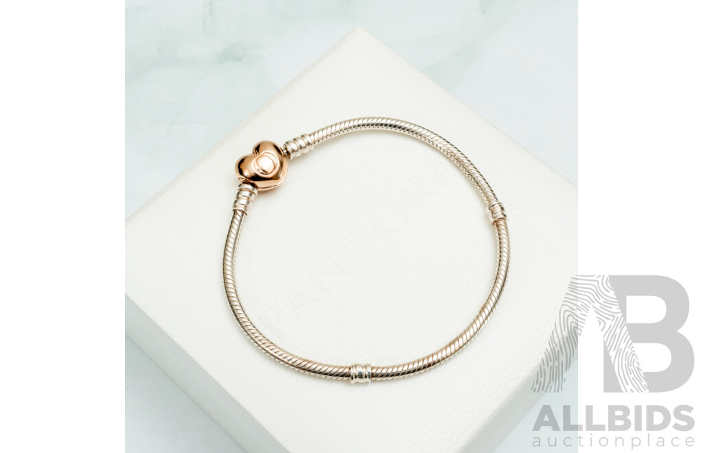 Pandora Sterling Silver Rose Heart Clasp Snake Chain Bracelet, 19cm, 14.86 Grams - Boxed