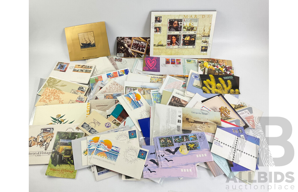 Collection of Australian Stamp Packs and First Day Covers, Examples Spanning 1980's to 2000's Including 1985 Bicentennial Terra Australis Navigators Wall Hanger