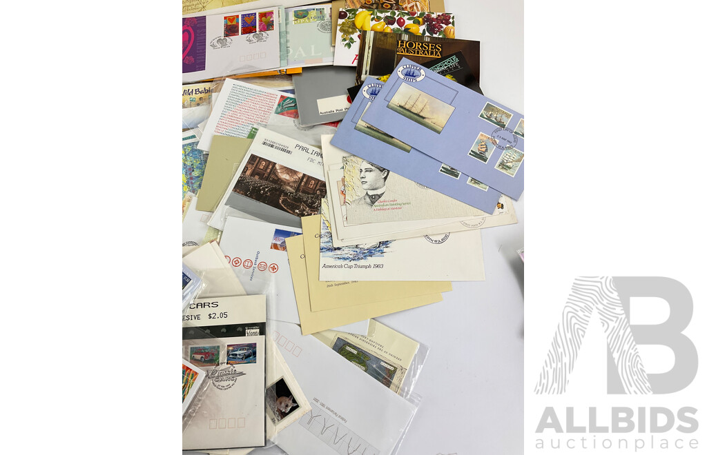 Collection of Australian Stamp Packs and First Day Covers, Examples Spanning 1980's to 2000's Including 1985 Bicentennial Terra Australis Navigators Wall Hanger