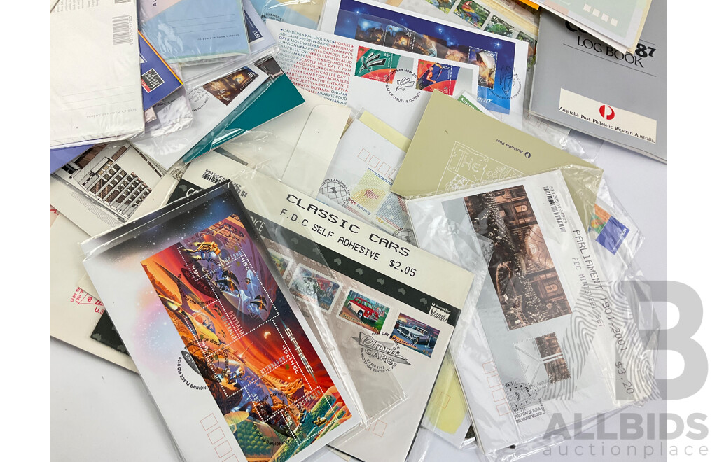 Collection of Australian Stamp Packs and First Day Covers, Examples Spanning 1980's to 2000's Including 1985 Bicentennial Terra Australis Navigators Wall Hanger