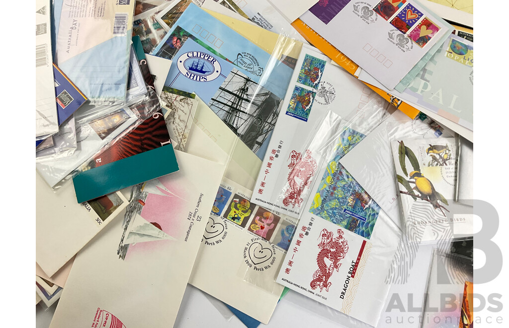 Collection of Australian Stamp Packs and First Day Covers, Examples Spanning 1980's to 2000's Including 1985 Bicentennial Terra Australis Navigators Wall Hanger