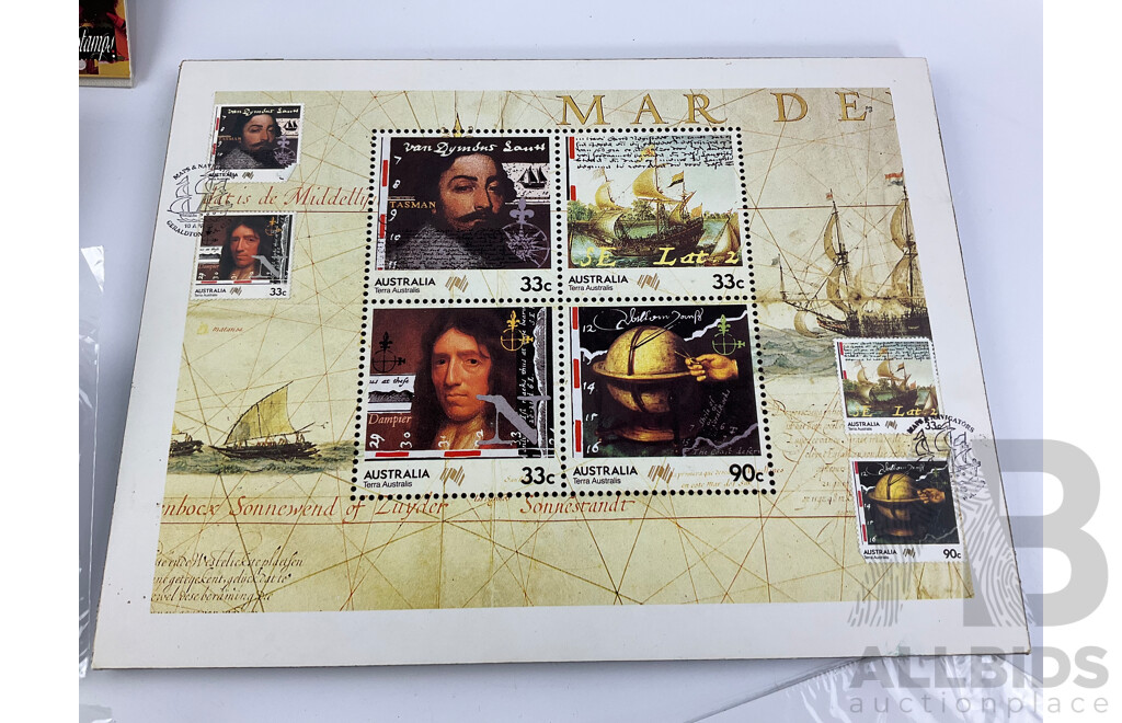 Collection of Australian Stamp Packs and First Day Covers, Examples Spanning 1980's to 2000's Including 1985 Bicentennial Terra Australis Navigators Wall Hanger