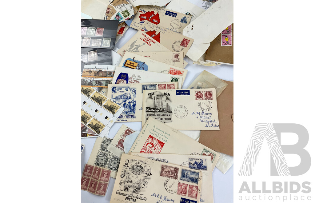 Collection of Australian Stamps, Predeciml, Blocks, Gutters PNCs, Including Some International