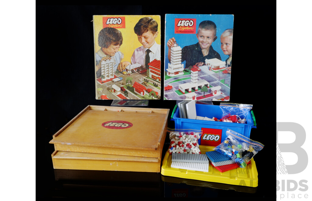 Two Vintage Lego Wooden Storage Boxes with Lift Out Trays & Quantity Vintage Lego, Approx 2KG Vintage Lego in Plastic Lego Tub Along with Two Vintage Cardboard Fold Out Lego Base Boards