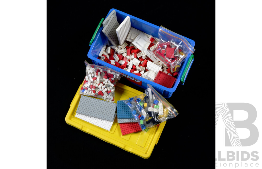 Two Vintage Lego Wooden Storage Boxes with Lift Out Trays & Quantity Vintage Lego, Approx 2KG Vintage Lego in Plastic Lego Tub Along with Two Vintage Cardboard Fold Out Lego Base Boards