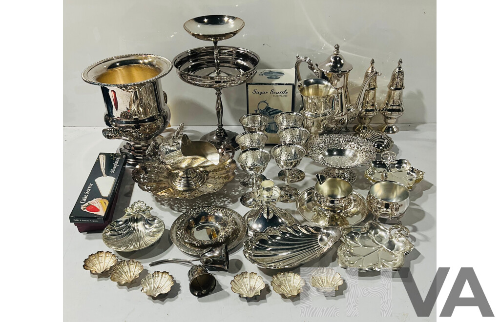Large Collection Silver Plated Items Including Cake Stand, Appetizer Dishes and More