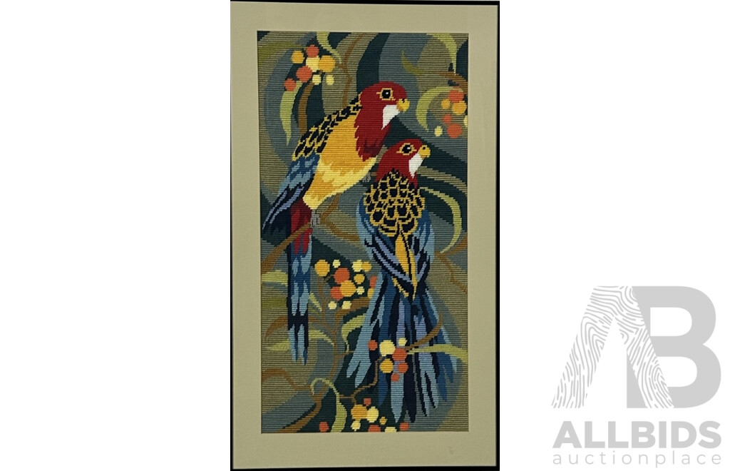 Jaclynne Gold (Fraser), (20th Century, Australian), Parrots, Handmade Framed Wool Tapestry, 80 x 46 cm (frame)