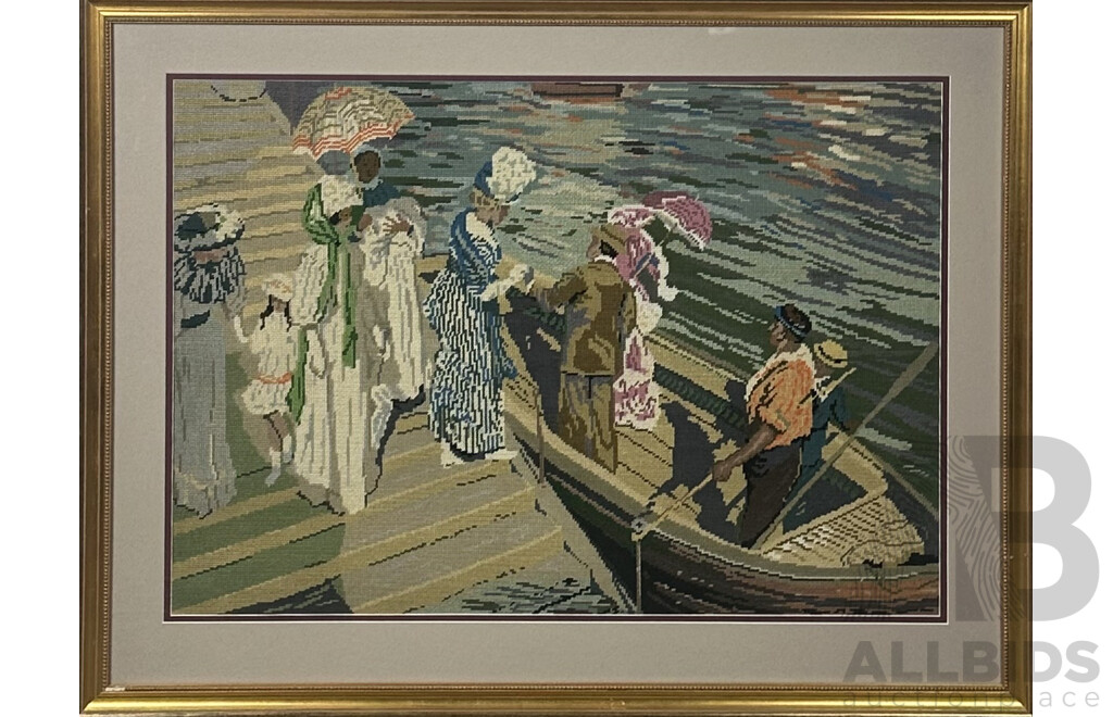 Jaclynne Gold (Fraser), (20th Century, Australian), The Ferry - E. Phillips-Fox, Handmade Framed Wool Tapestry, 83 x 109 cm (frame)