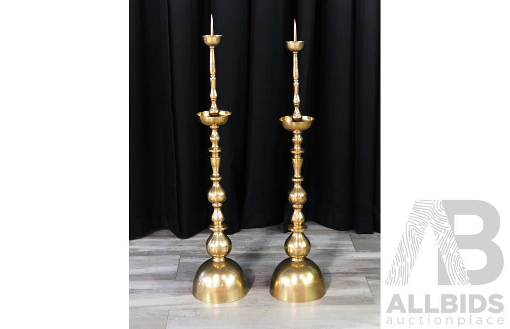 Pair of Brass Cathedral Floor Candle Holders