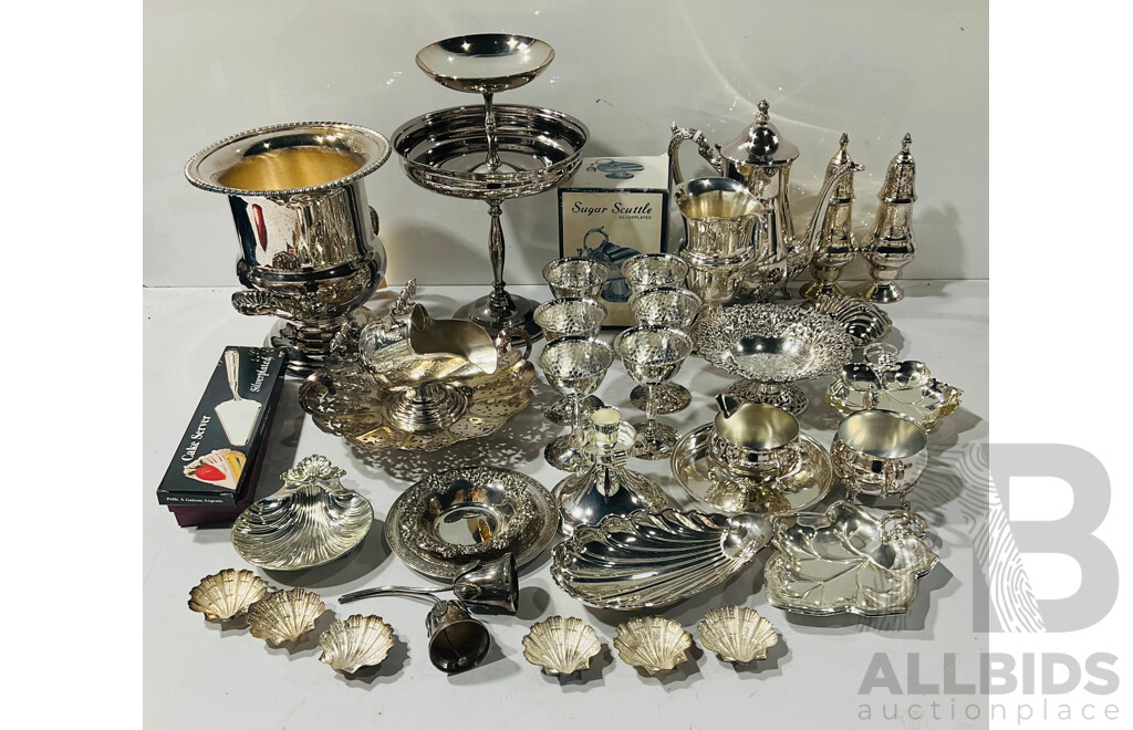 Large Collection Silver Plated Items Including Cake Stand, Appetizer Dishes and More