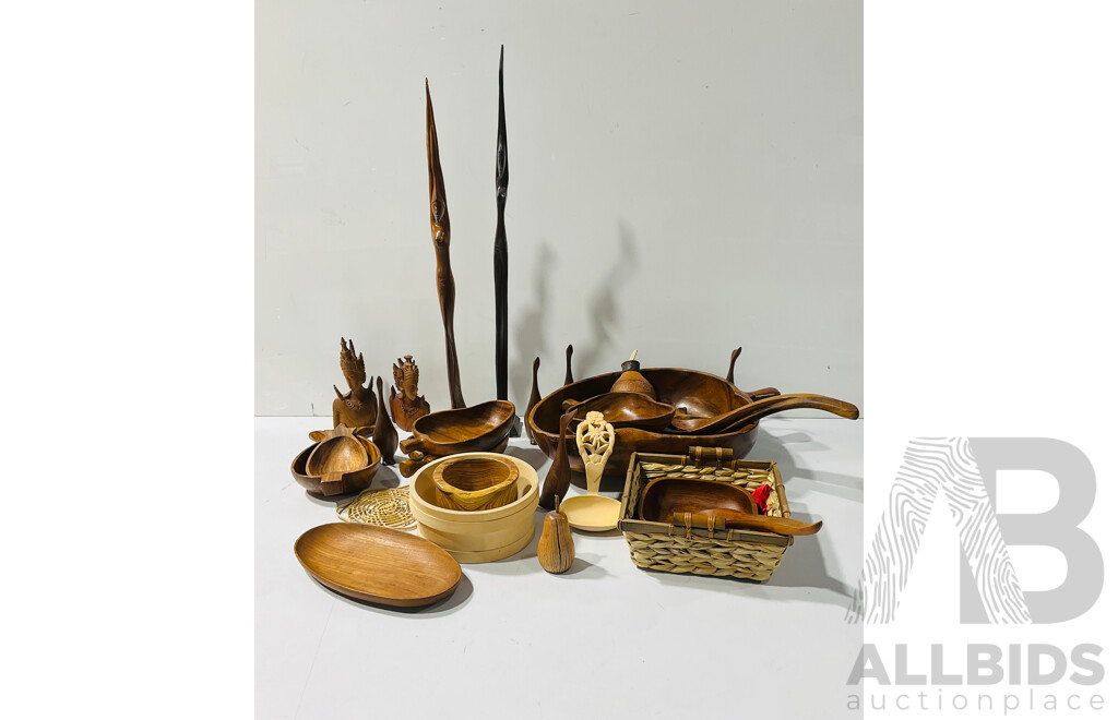 Collection Treen and Wooden Items Including Apple Form Serving Bowl, Pair Hand Carved Balinese Wooden Busts and More
