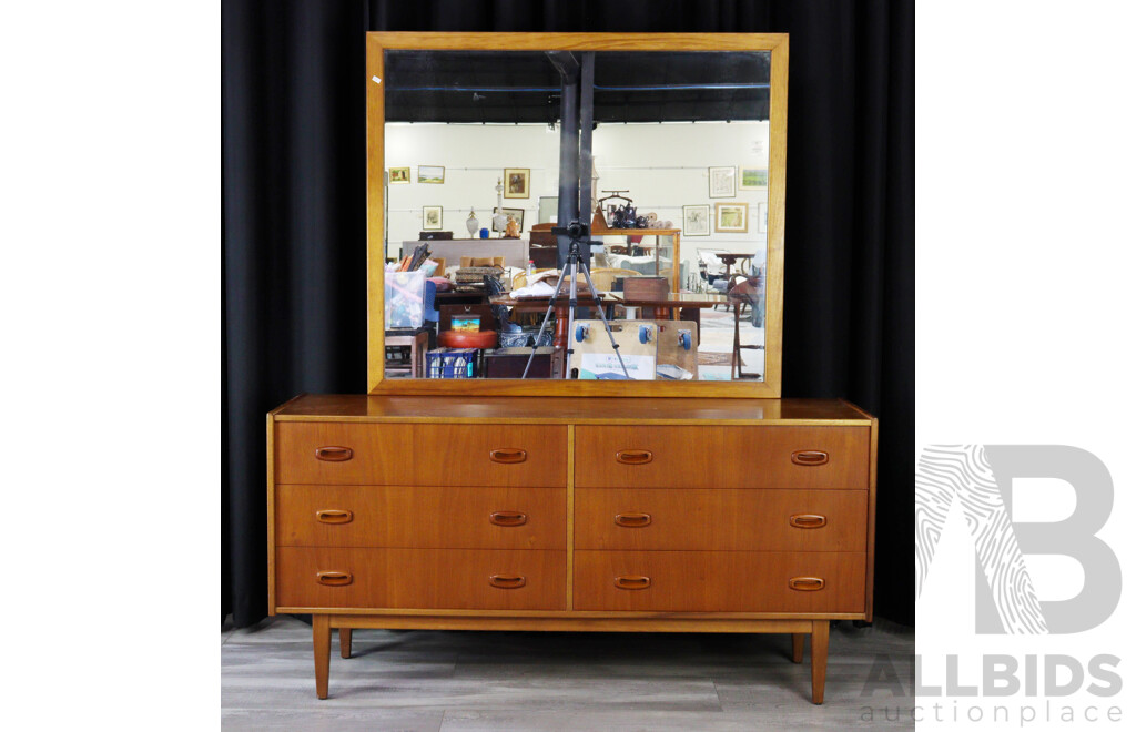 Parker Furniture Teak Mirror Backed Six Drawer Dresser