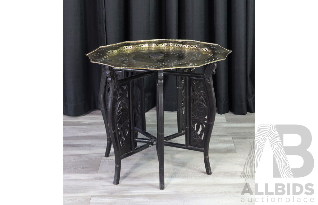 Folding Coffee Table with Carved Wooden Base and Brass Top